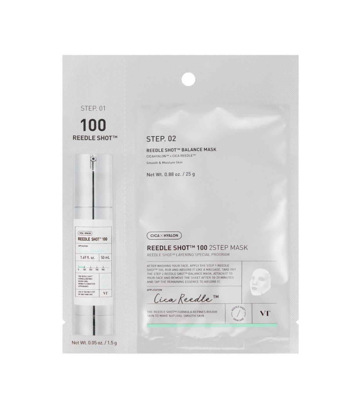 VT Cosmetics Reedle Shot 100 2Step Mask - ampulės ir raminamosios veido kaukės rinkinys, 1 vnt.