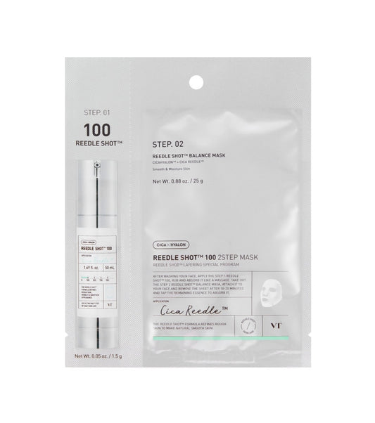 VT Cosmetics Reedle Shot 100 2Step Mask - ampulės ir raminamosios veido kaukės rinkinys, 1 vnt.